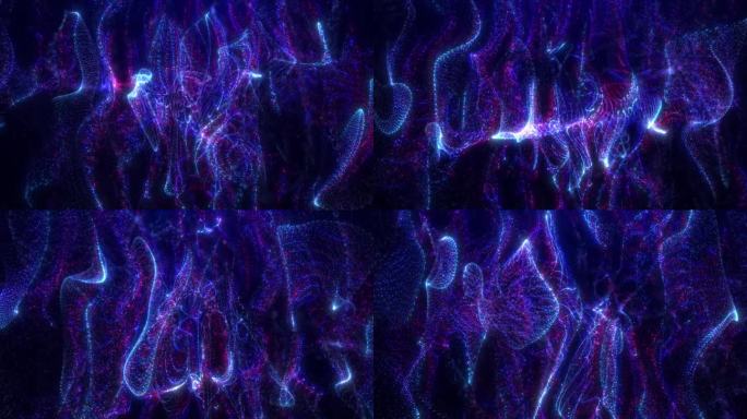 数字未来浪潮。抽象的背景波能量粒子，明亮发光的数字点和仙女尘。无缝循环动画