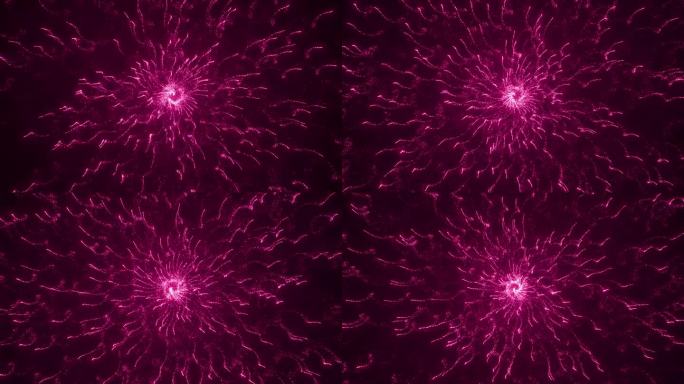 摘要粒子螺旋轨迹动画背景，粉红色闪闪发光的粒子螺旋抽象运动Bg，狙击粒子运动的循环动画，粒子旋转圆螺