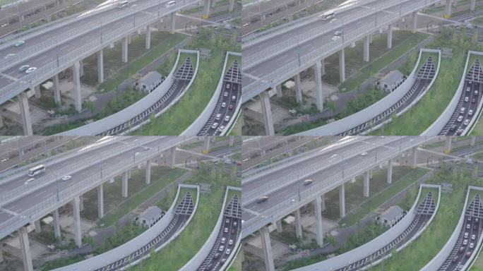 杭州城市与繁忙高铁高架桥交通车流