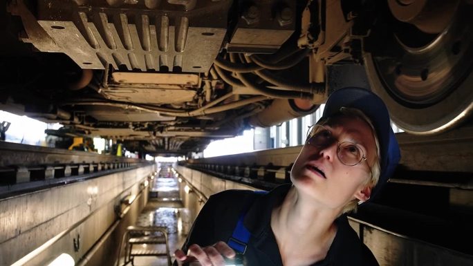 女机械师在检查坑里用手电筒检查车厢下面的火车部件