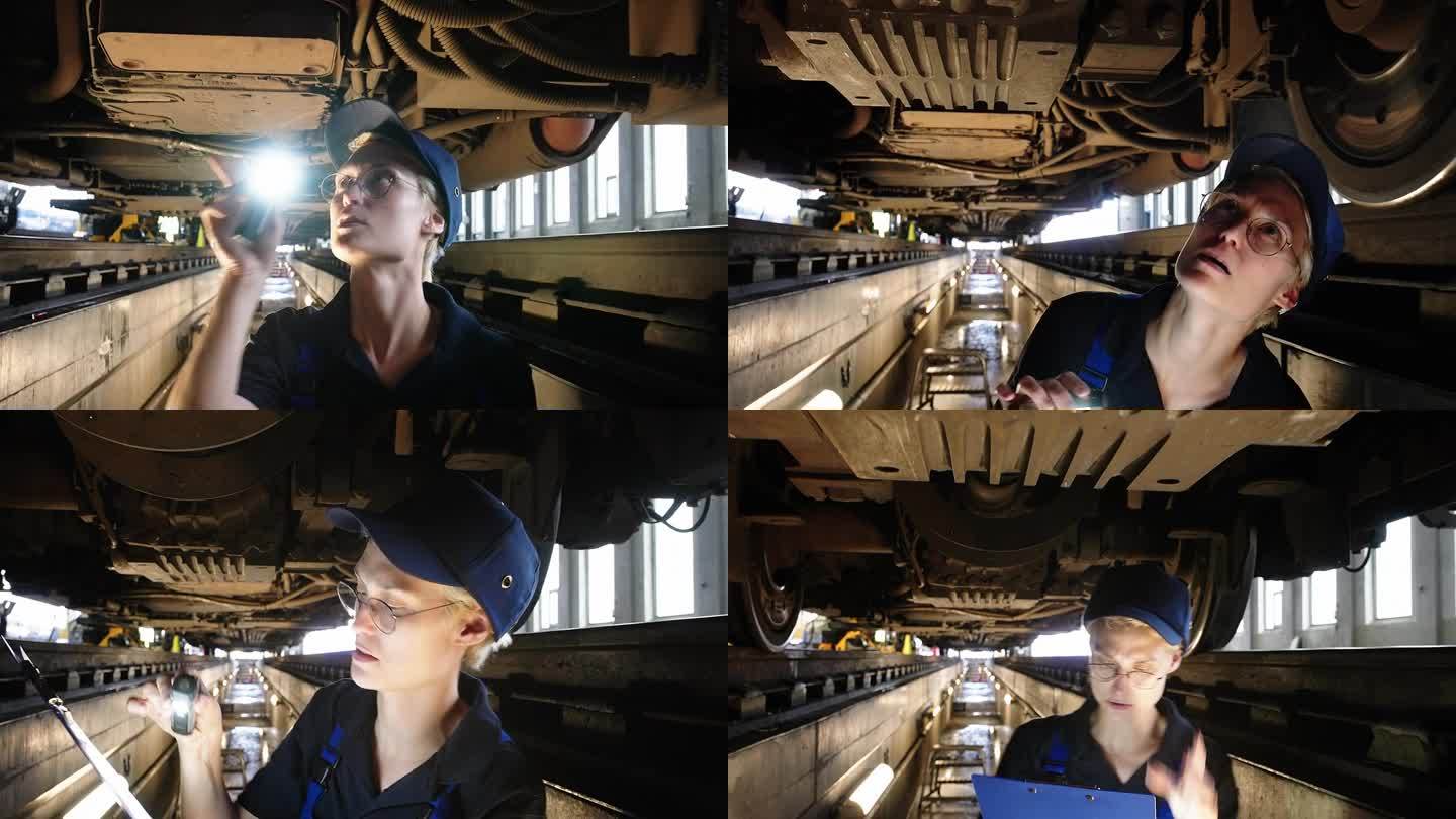 女机械师在检查坑里用手电筒检查车厢下面的火车部件