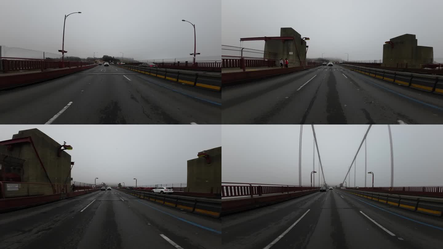 旧金山金门大桥在雾中北行02后视图在南行入口101北驾驶板美国加州超宽
