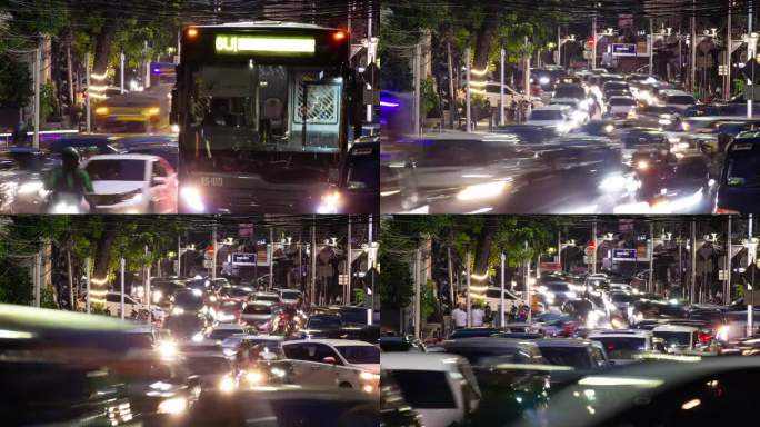 夜间照明雅加达市中心高峰时段交通街道全景4k延时印度尼西亚