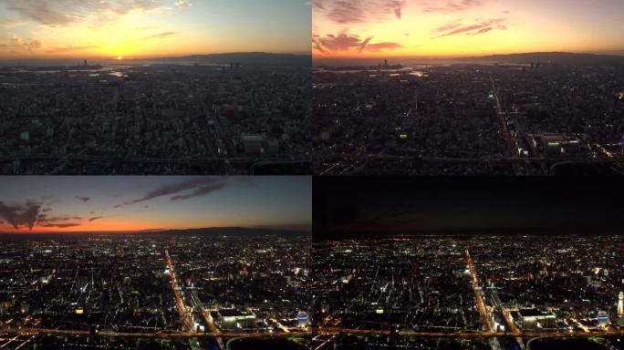 日本，大阪:航拍日落延时拍摄的大阪市景。