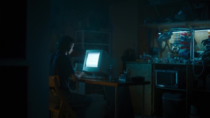 白人男性程序员深夜在复古车库使用旧台式电脑。白帽黑客搜索软件漏洞，编码网络安全系统，90年代数据保护