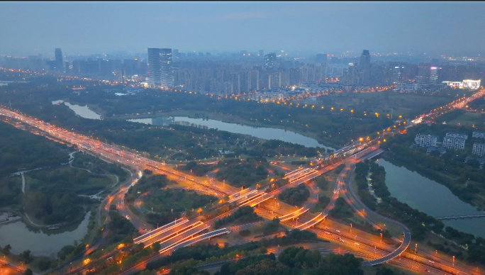 航拍城市立交桥车流夜景延时