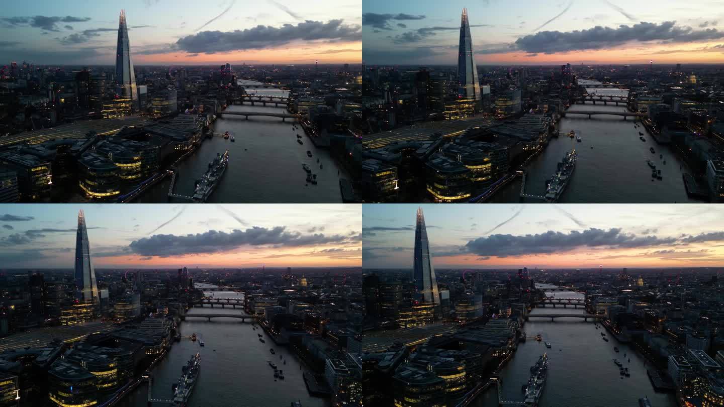 英国伦敦，夏德大厦和泰晤士河的夜景