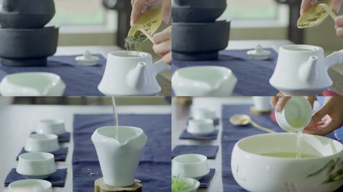 茶道美女泡茶倒茶绿茶茶碗竹叶青茶叶