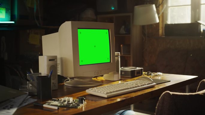 在复古的车库里，硬件工程师空荡荡的工作场所:桌子上展示着绿屏Chromakey的旧电脑。印刷电路板和
