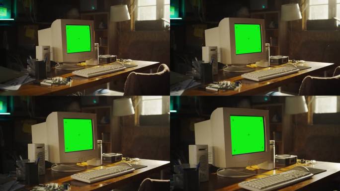 在复古的车库里，硬件工程师空荡荡的工作场所:桌子上展示着绿屏Chromakey的旧电脑。印刷电路板和