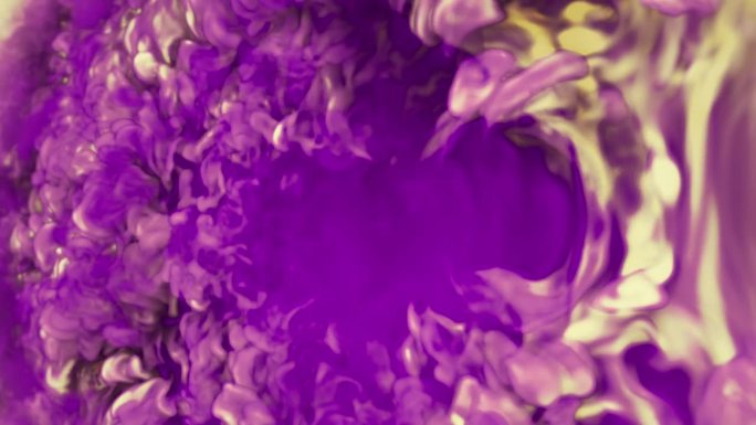 抽象的科幻明亮的烟雾打击与时尚的彩色黄紫色渐变。未来的背景。3d渲染无缝循环动画4K
