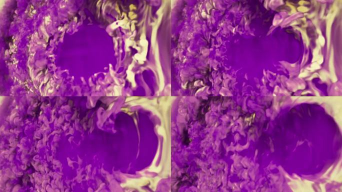 抽象的科幻明亮的烟雾打击与时尚的彩色黄紫色渐变。未来的背景。3d渲染无缝循环动画4K