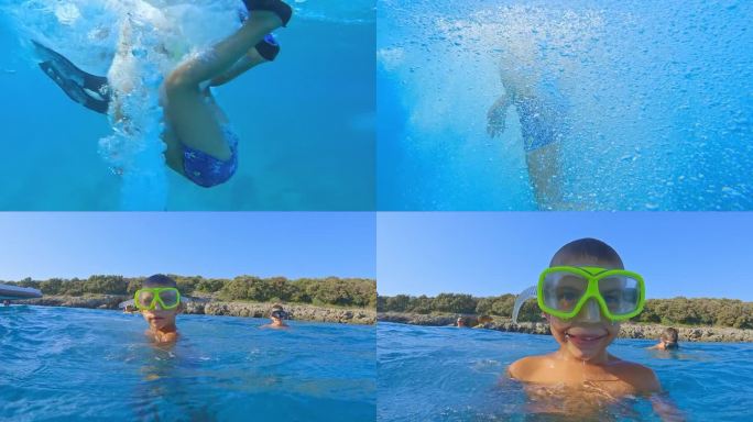 两个年轻的兄弟戴着潜水面罩，在阳光下跳下游艇跳入大海