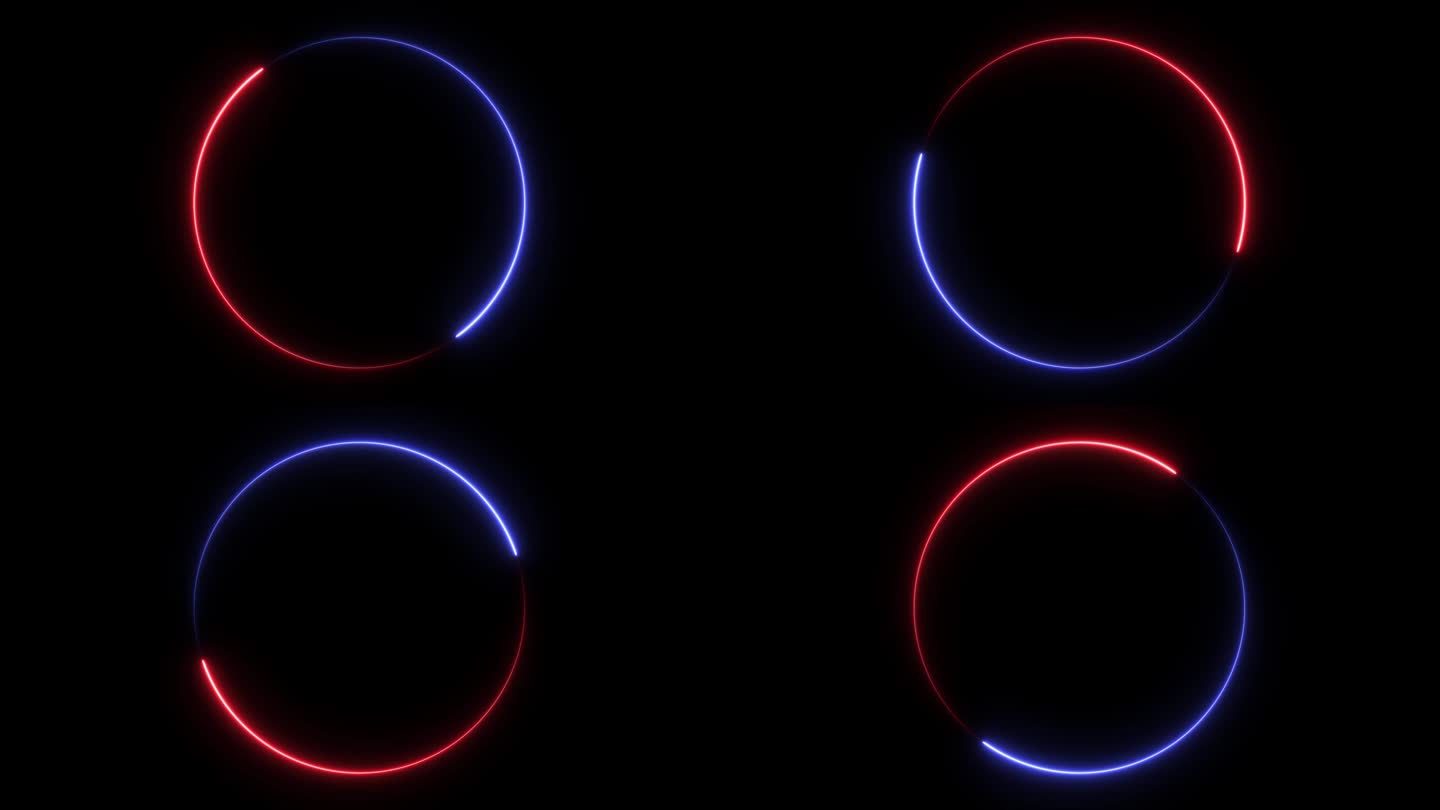 在黑色背景的动画上，红蓝色的火焰轨迹循环。循环循环。抽象光条纹圆度，复制空间的文字，广告，标志设计，