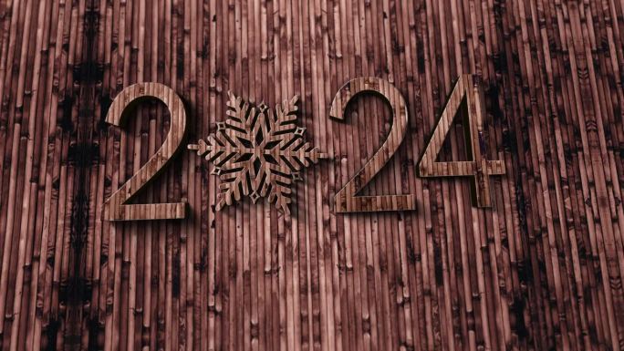 2024新年快乐3D木质文本纹理电影标题抽象背景。片尾盖为片尾预告片冬雪，圣诞和新年事件背景