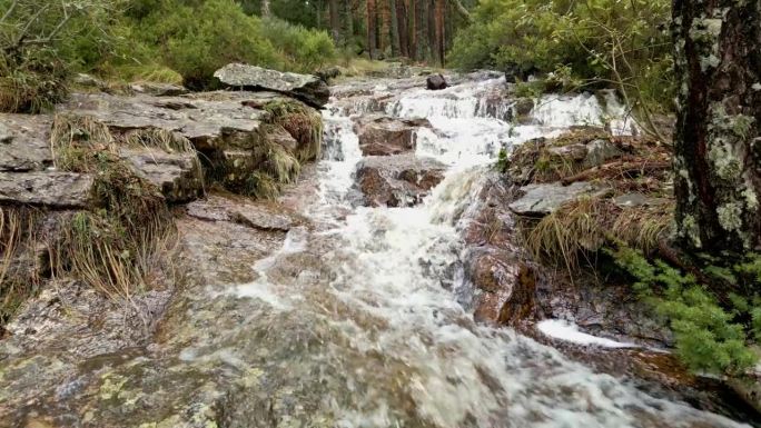 在马德里瓜达拉马山的地中海松林中形成小瀑布的河流。