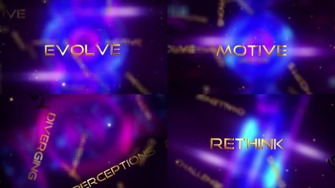 范式转换金色文本光运动效果电影标题预告动画与耀斑光在多色运动抽象背景。
