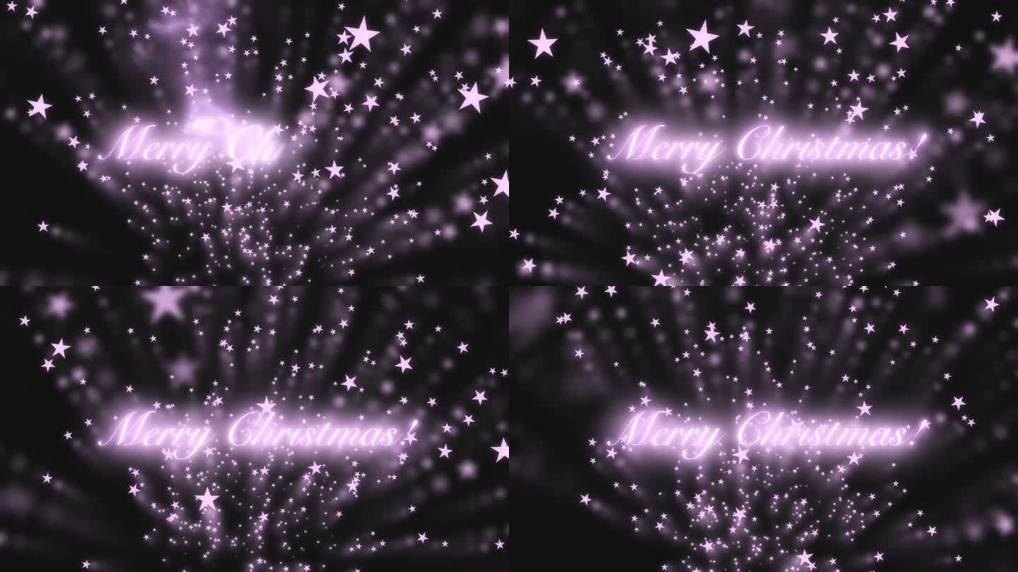 圣诞快乐，闪烁的粉红色星星在黑色背景上飞向相机。模糊的动态图像。