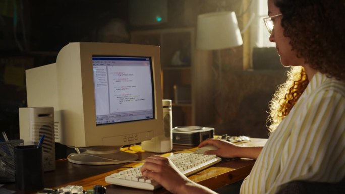 西班牙裔女性软件工程师在复古车库的旧台式电脑上编程的侧视图。专注的女性在90年代创办科技创业公司。在