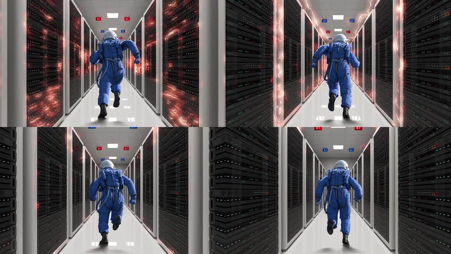 一个宇航员在高科技服务器机房里奔跑