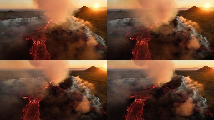 火山喷发，炽热的熔岩从地面喷出，无人机飞过活跃的火山口。2023年冰岛lili hutur火山喷发。