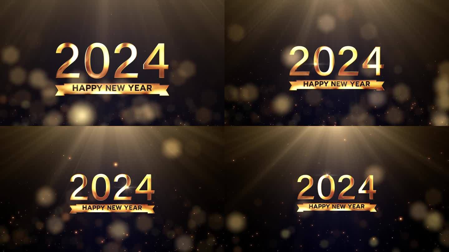 2024新年快乐金色文字浮动虚化和顶部中心耀光电影标题动画在黑色抽象背景，