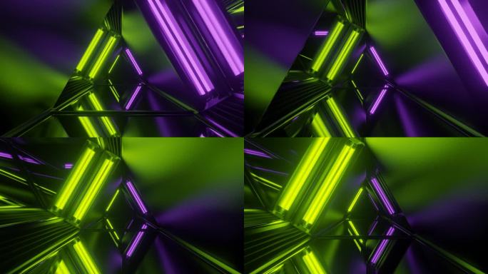 紫色和石灰霓虹灯辉光镜面三角形隧道背景VJ环路在4K