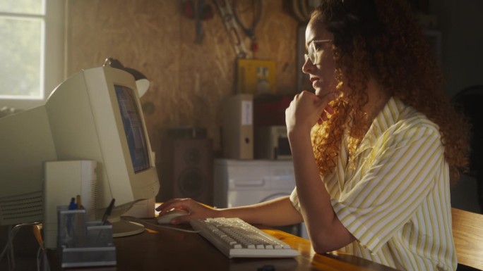 西班牙裔女性软件工程师在复古车库的旧台式电脑上编程。年轻女性在90年代创办金融科技创业公司。怀旧的概