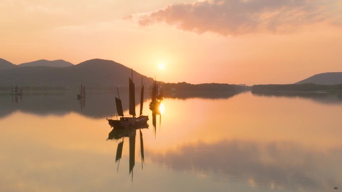 太湖航拍 光福 日落 美景