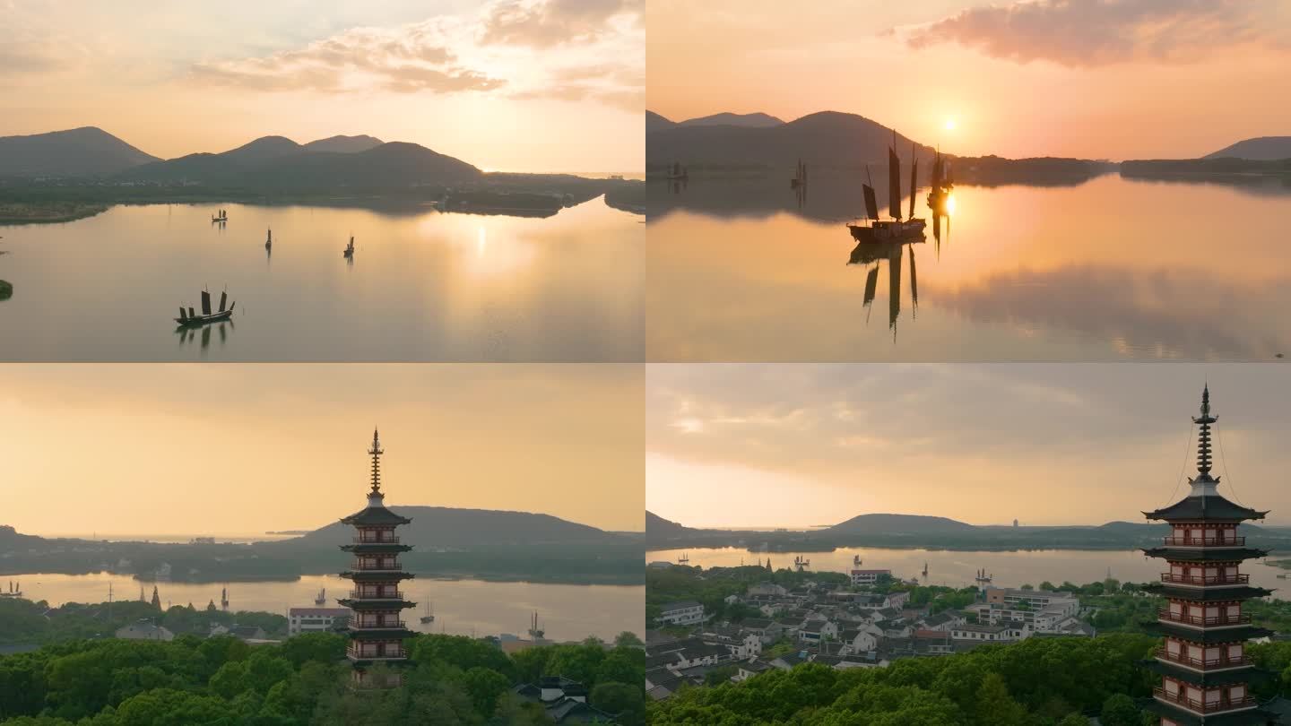 太湖航拍 光福 日落 美景