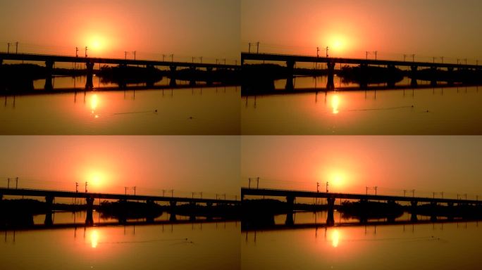 夕阳下高铁桥湖中一对水鸟