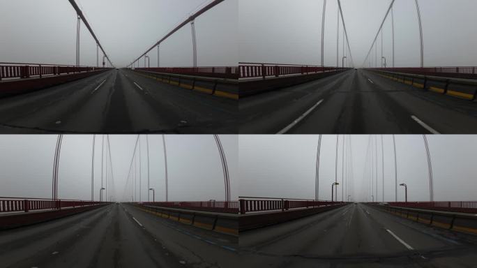 旧金山金门大桥在雾中向北行驶04后视图在101北驾驶板加州美国超宽