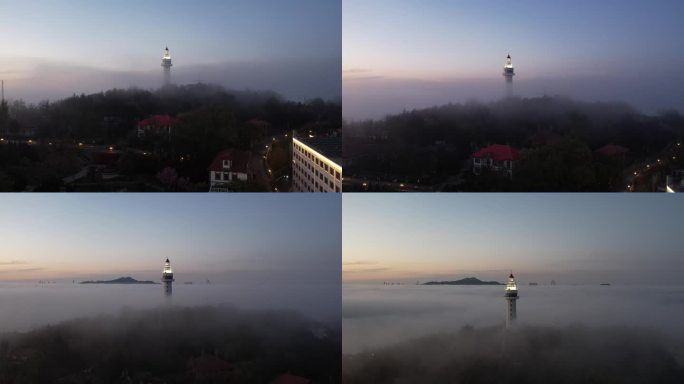 山东烟台平流雾下的灯塔