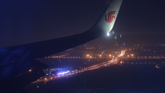 夜晚航班，夜景飞机，国航，天津，城市夜景