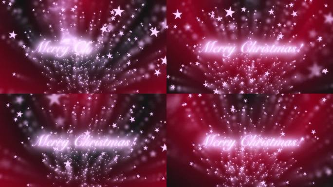 圣诞快乐问候与发光的粉红色星星飞向相机在红色和黑色的渐变背景。模糊的动态图像。