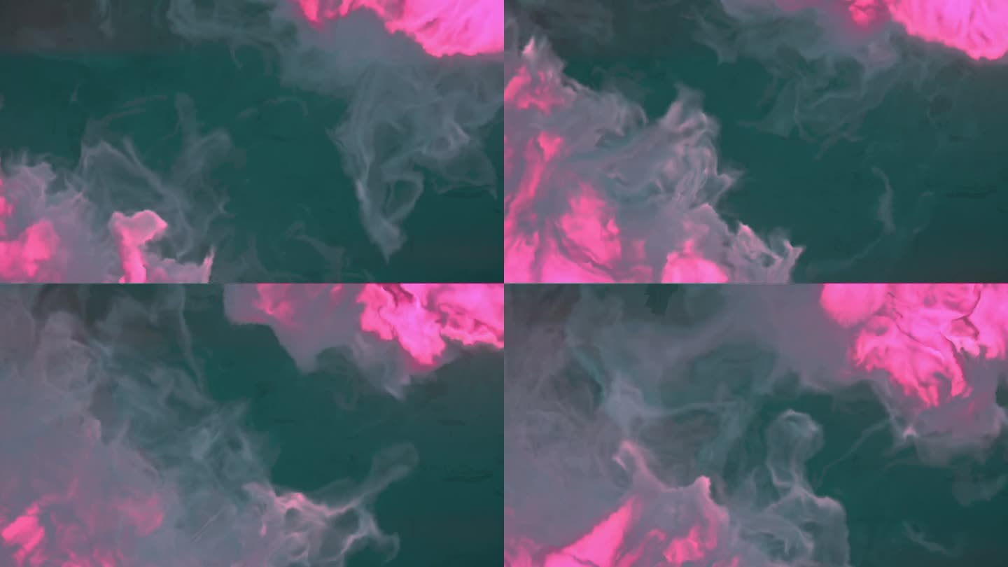 抽象神奇的粉红色火焰的舌头与漩涡的紫色烟雾在深蓝色的背景。3d渲染数字动画4K