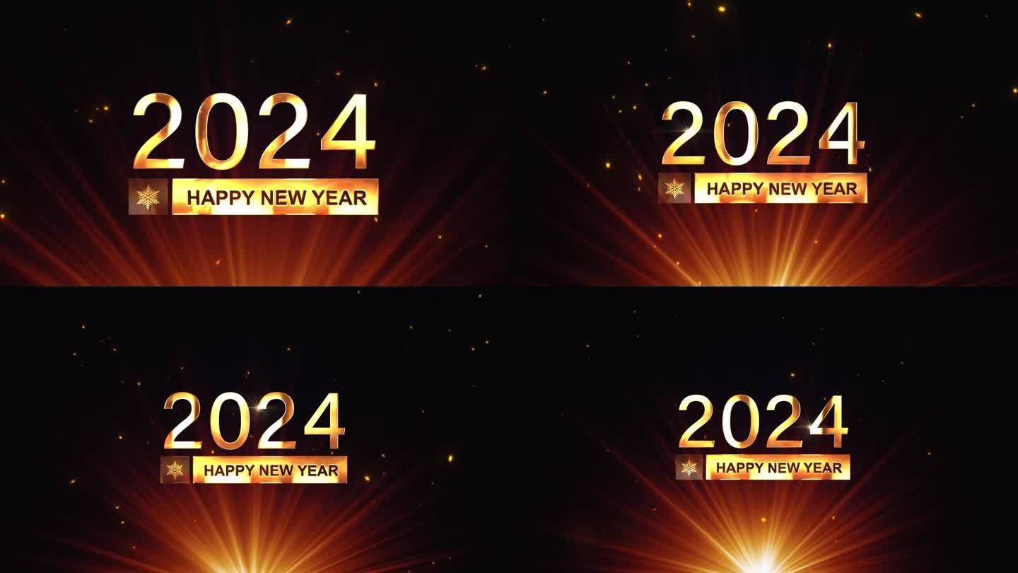 2024新年快乐金色文字与底部耀光和流动辉光散景电影标题动画黑色抽象背景，