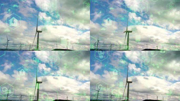 风车鸟瞰图与数字生成全息显示技术数据可视化。风力发电机组产生清洁可再生能源，以绿色生态方式实现可持续
