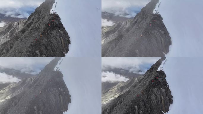 航拍攀登横断山脉乌库楚雪山的登山者