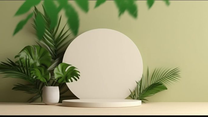 带植物的讲台圆形展示，带影叶的产品展示。