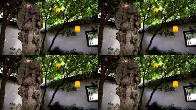 南京夫子庙瞻园庭院里的古风灯笼和桂花树