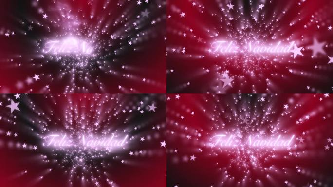 Feliz Navidad文本出现，同时发光的粉红色星星在红色和黑色渐变背景上飞走。模糊的动态图像。