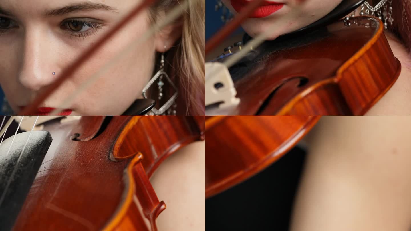 金发小提琴手，粉红条纹，在蓝色上演奏
