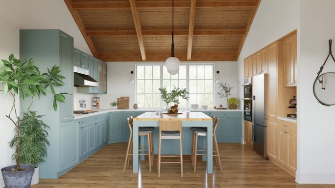 大型绿色u形厨房，带有岛台、木制台面和橱柜。漂亮时尚的厨房，厨房用具和用具。3 d动画。