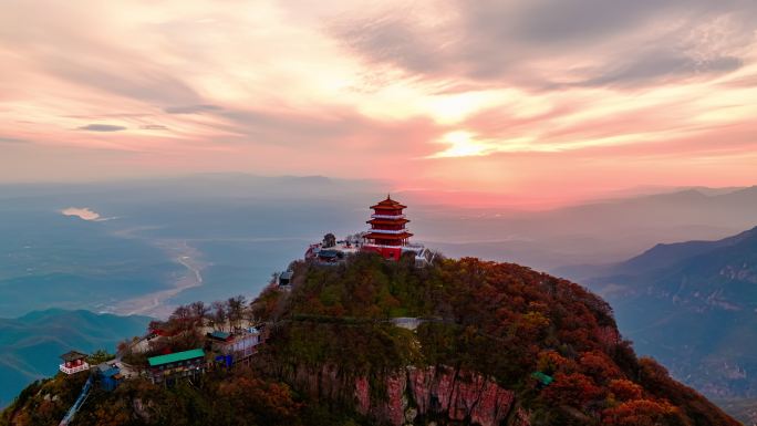 济源王屋山天坛极顶日落晚霞航拍延时摄影