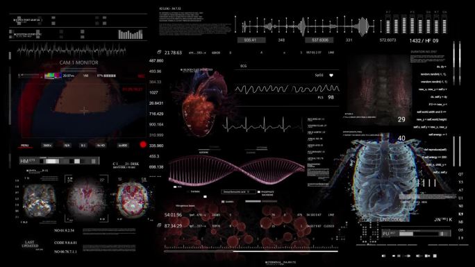 MRI x线扫描，显微外科关节镜手术。关节镜摄像屏幕。医疗HUD分析心脏诊断。dna。听频监测器。未