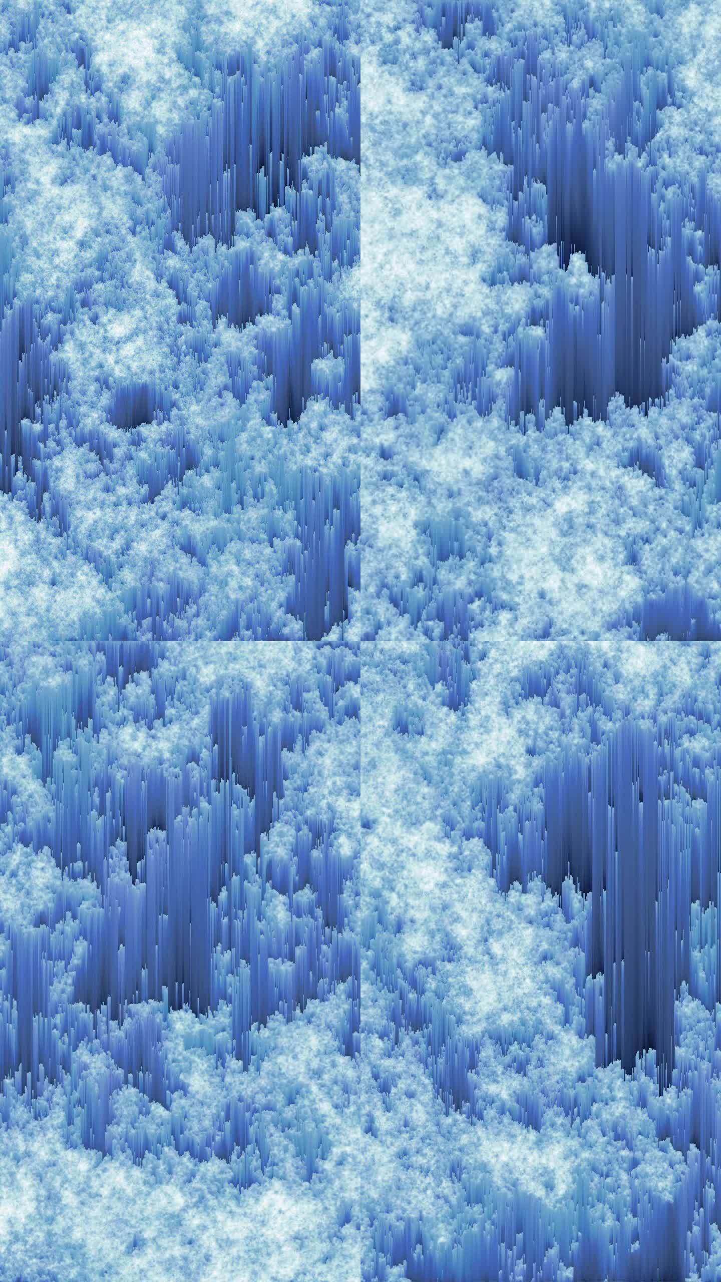 像素排序循环，故障艺术。冰融化。蓝色和白色的抽象背景。垂直视频。