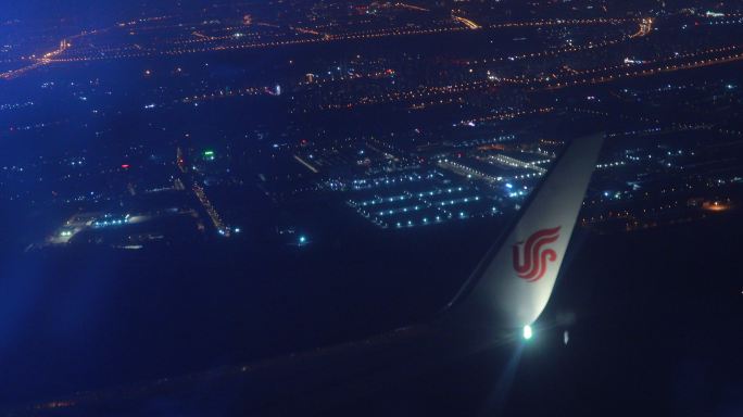 夜晚航班，夜景飞机，国航，天津，城市夜景