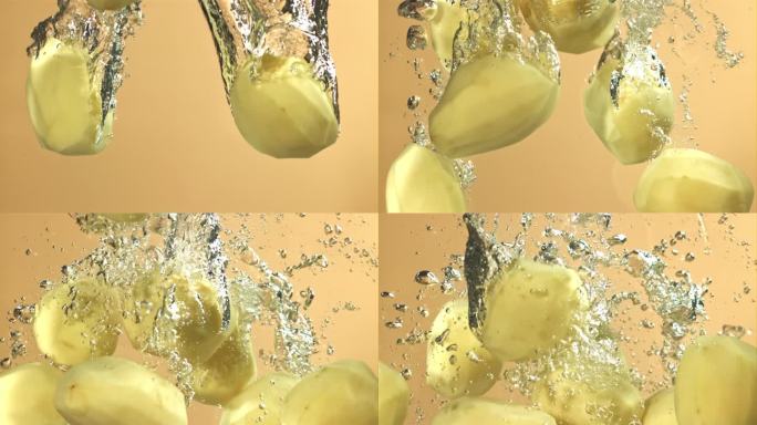去皮的土豆会掉在水里。用高速摄像机拍摄，每秒1000帧。