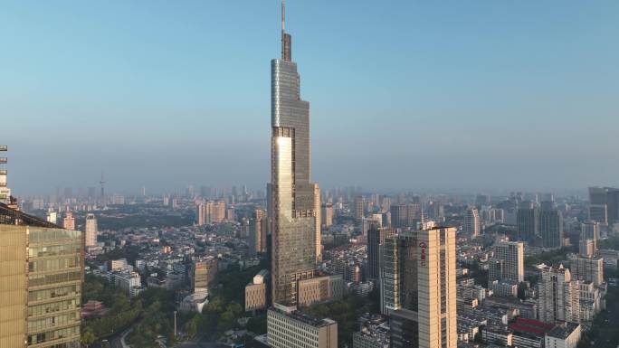 清晨时分的江苏南京紫峰大厦近景航拍